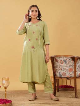 Zuri - Light Green Embroidered Silk Blend Kurta with Pant