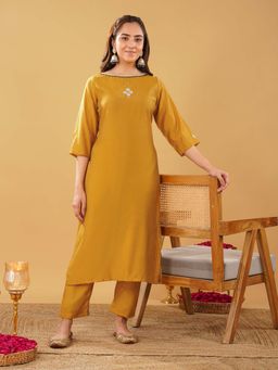 Zuri - Mustard Embroidered Silk Blend Kurta with Pant