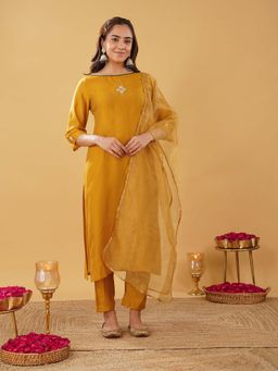 Zuri - Mustard Embroidered Silk Blend Kurta with Pant and Dupatta