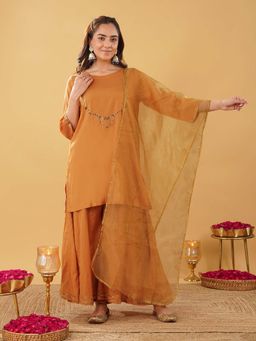 Zuri - Rust Embroidered Silk Blend Short Kurta with Palazzo and Dupatta