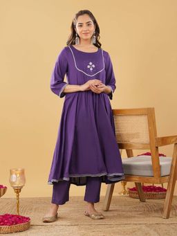 Zuri - Women Purple Embroidered Anarkali with Pant