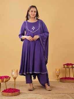 Zuri - Women Purple Embroidered Anarkali with Pant and Dupatta