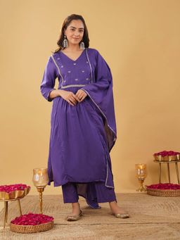 Zuri - Women Purple Boota Zari Kurta with Pant and Dupatta