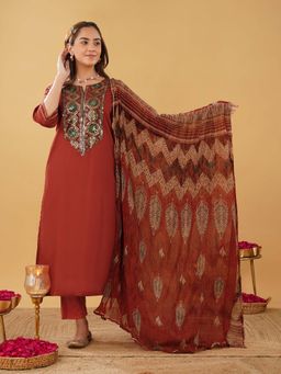 Zuri - Red Heavy Embroidered Lace Festive Kurta with Pant and Dupatta