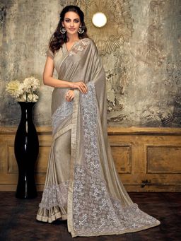Odette - Gold Fancy Lycra Embellished Net Designer Saree with Unstitched Blouse