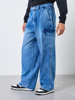 Styli - Mens Blue Mid Wash Baggy Fit Jeans