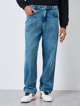 Styli - Mens Panelling Mid Wash Loose Fit Jeans