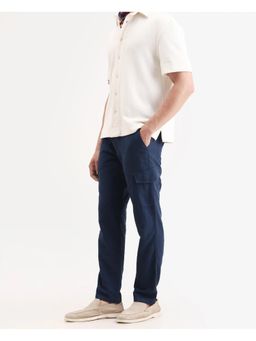 Rare Rabbit - Mens Presso Navy Blue Cotton Fabric Plain Cargo Trouser