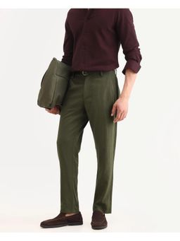 Rare Rabbit - Mens Jomo Olive Linen Blend Fabric Plain Trouser