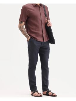 Rare Rabbit - Mens Arcelo Navy Blue Linen Fabric Plain Trouser