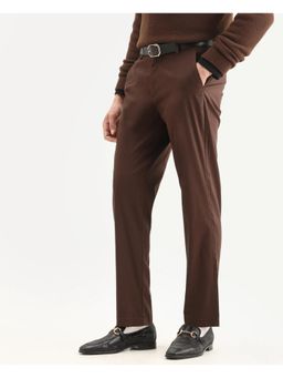 Rare Rabbit - Mens Bene Dark Brown Cotton Blend Fabric Plain Trouser