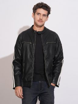 Being Human - Black Regular Fit Long Sleeves Polyester Leather Jacket