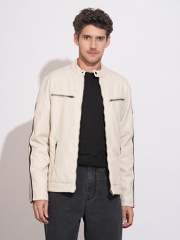 Being Human - White Regular Fit Long Sleeves Polyester Leather Jacket