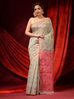 CHARUKRITI - Tan Beige Cotton Handspun Woven Buttas and Foliage Borders Saree with Unstitched Blouse