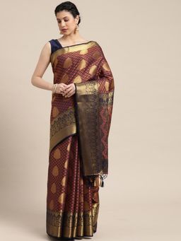 Mimosa - Women's Kanjivaram Art Silk Navy Blue Saree with Unstitched Blouse