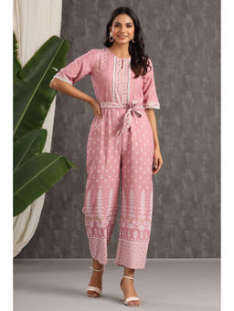 Juniper - Onion Pink Rayon Printed Ethnic Jumpsuit with Belt (Set of 2)