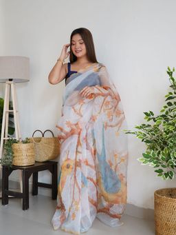 Odette - White Printed Organza Saree with Unstitched Blouse