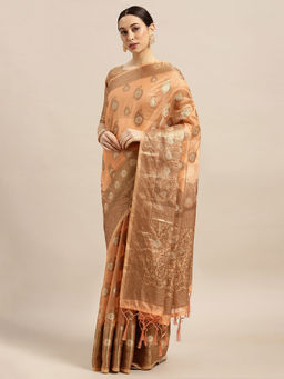 Sareemall - Womens Silk Blend Peach Woven Design Woven Saree with Unstitched Blouse