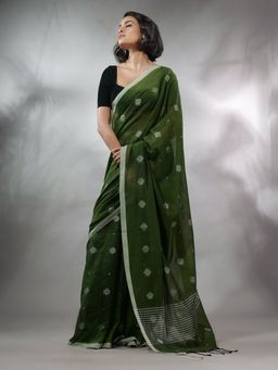CHARUKRITI - Moss Green Cotton Handwoven Saree with Texture Pattern & Unstitched Blouse