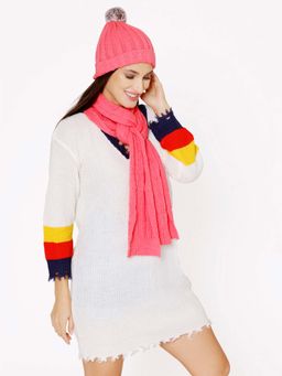 Bharatasya - Pink Ultra Soft Ribbed Pom-Pom Winter Cap and Muffler (Set of 2)