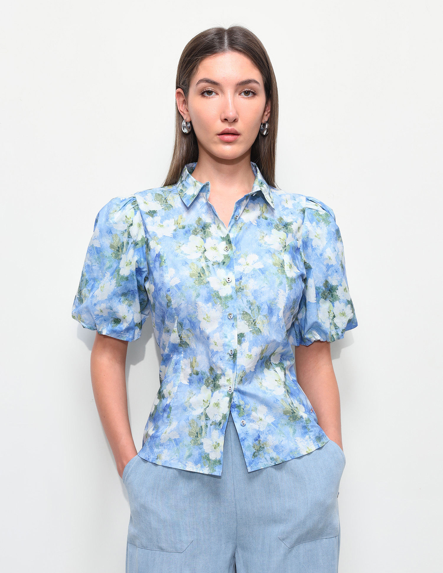 Blue Floral Printed Fitted Puff Sleeve Shirt-picture-30