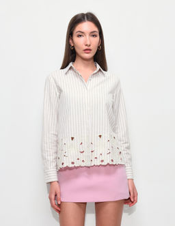 U.S. POLO ASSN. - Beige Vertical Stripes Floral Embroidery Relaxed Fit Shirt