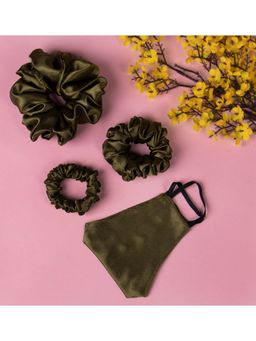 Arendelle - Pack of 3 Olive Satin Scrunchies in Skinny, Medium and Large Size with Matching Mask