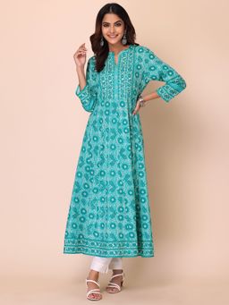 Indya - Light Green Floral Print Rayon Lurex Anarkali Kurta