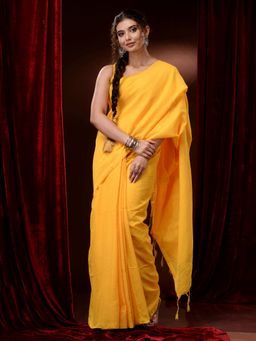 CHARUKRITI - Yellow Pure Cotton Handwoven Stripes Saree with Unstitched Blouse