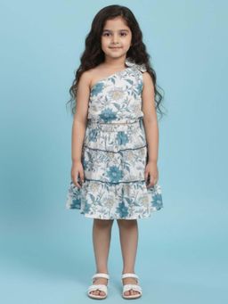 The Magic Wand - Cotton Blue One Shoulder Bow Detailed Floral Printed Co-Ord Set
