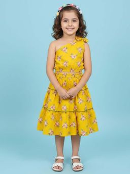 The Magic Wand - Mustard Woven One Shoulder Bow Detailed Floral Printed Co-Ord Set
