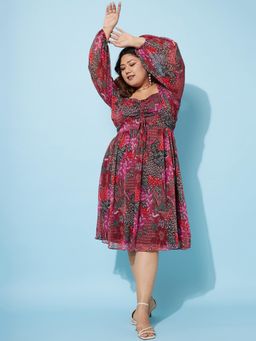 AAREIN - Plus Size Floral Print Chiffon Fit Flare Dress - Burgundy