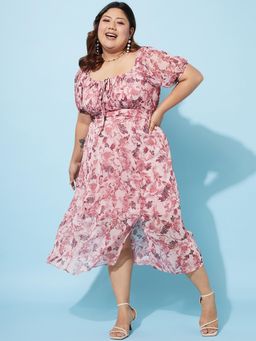 AAREIN - Plus Size Floral Print Chiffon Empire Midi Dress - Brown