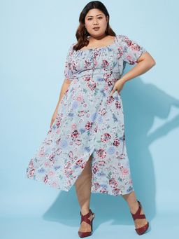 AAREIN - Plus Size Floral Print Chiffon Empire Midi Dress - Blue
