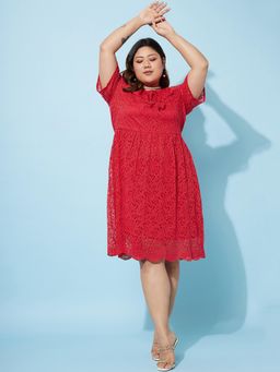 AAREIN - Plus Size Tie-Up Neck Lace Fit Flare Dress - Red