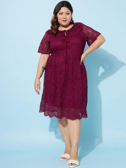 AAREIN - Wome Burgundy Plus Size Neck Tie-Up Lace Fit&Flare Midi Dress