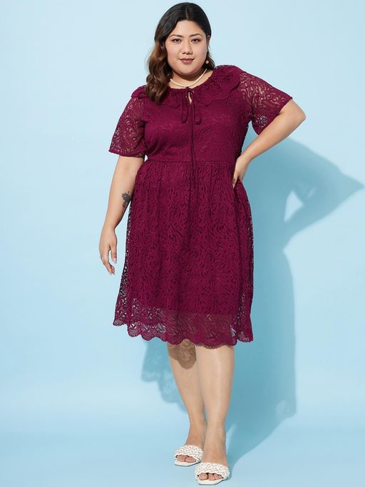 Buy AAREIN Wome Burgundy Plus Size Neck Tie-Up Lace Fit&Flare Midi Dress  Online