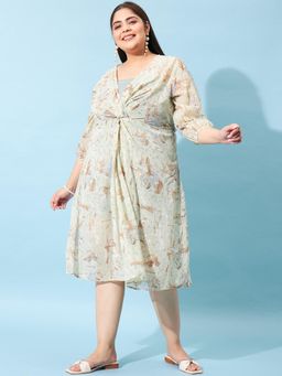 AAREIN - Ample Cream Floral Print Georgette Fit Flare Midi Dress - Cream