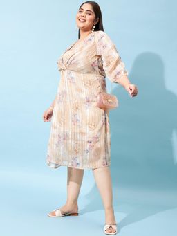 AAREIN - Ample Plus Size Floral Printed Fit Flare Midi Dress - Beige