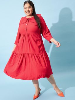 AAREIN - Ample Plus Size Textured Peter Fit Flare Dress - Red
