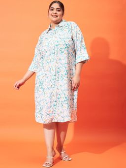 AAREIN - Plus Size Floral Printed Shirt Collar Linen Shirt Style Midi Dress - White