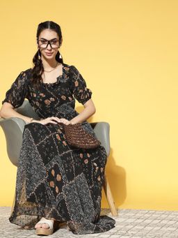 AAREIN - Women Stylish Black Floral Volume Play Dress