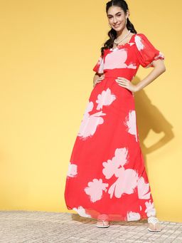 AAREIN - Women Gorgeous Red Floral Volume Play Dress