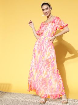 AAREIN - Women Pretty Pink Floral Volume Play Dress