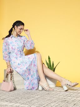 AAREIN - Women Stunning Blue Floral Volume Play Dress