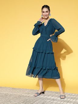 AAREIN - Women Chic Blue Solid Volume Play Dress