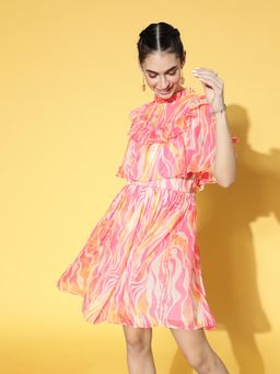 AAREIN - Women Printed Volume Play A-Line Dress - Pink