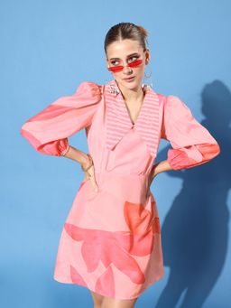 AAREIN - Women Pretty Pink Floral Zoom Friendly Collar Dress