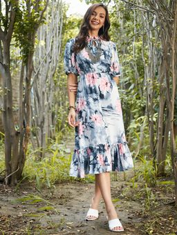AAREIN - Grey Blue Floral Tie-Up Neck A-Line Midi Dress