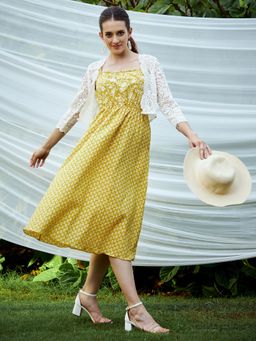 AAREIN - Yellow White Floral Midi Dress with Lace Jacket (Set of 2)